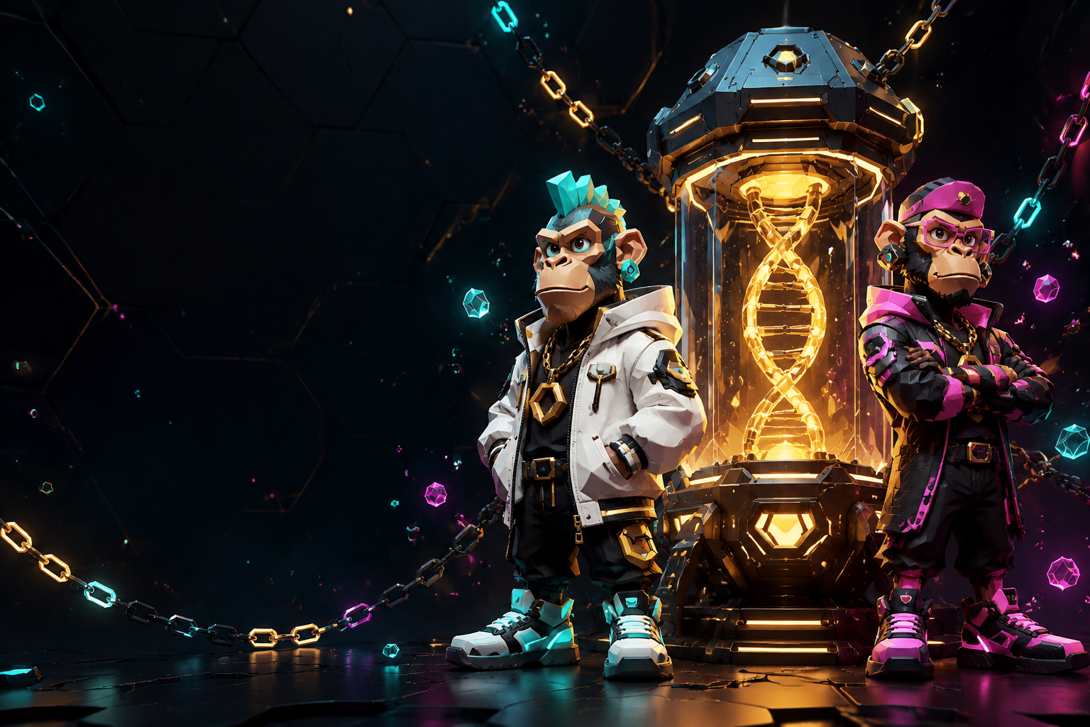 Two stylized Genesis Apes beside a glowing Gene Pod